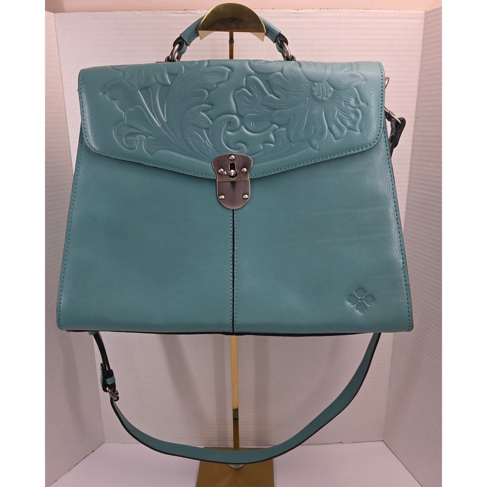 Patricia Nash Blue Grass Leather Embossed Floral Satchel Bag P811393
